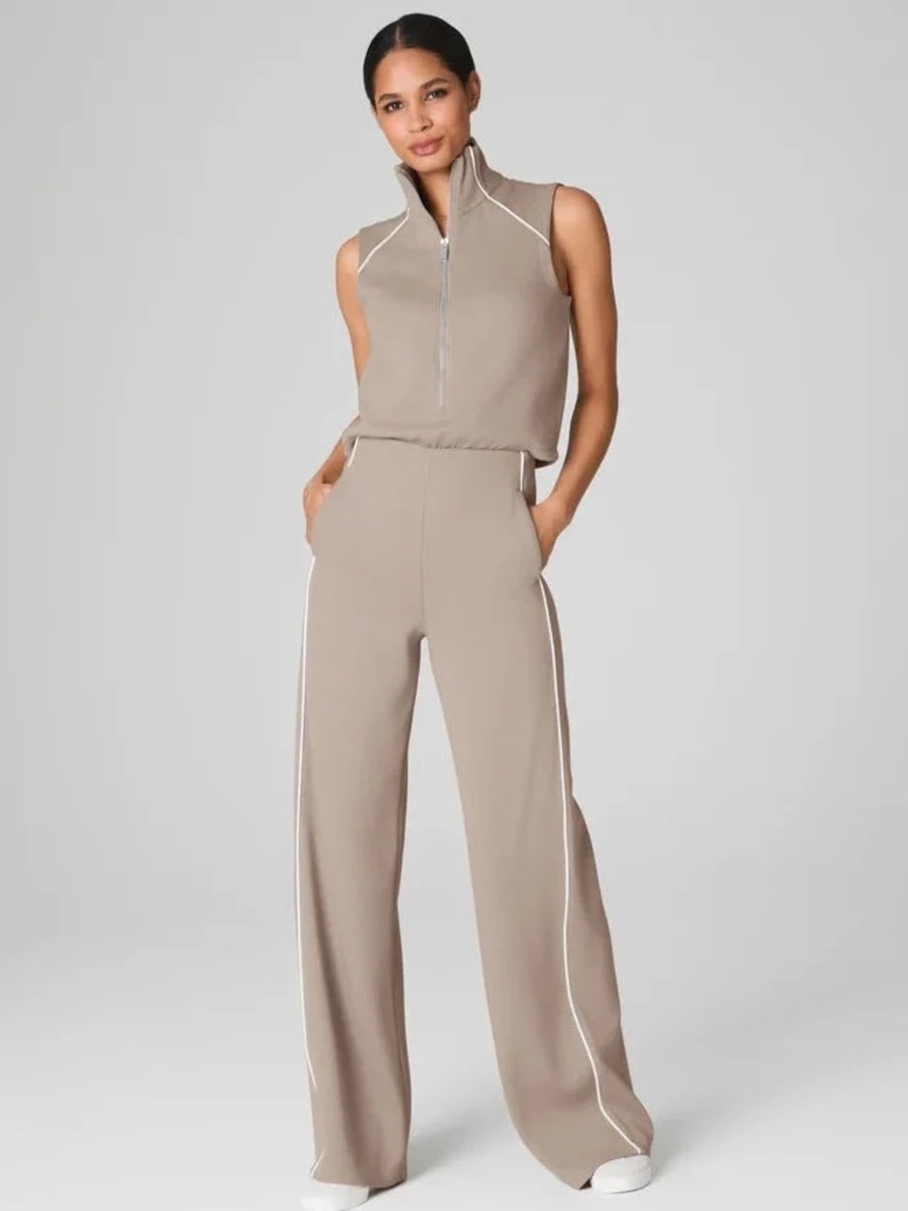 Spanx Air Essentials Airpique Jumpsuit Ashwood Tan White Size Large NWT New